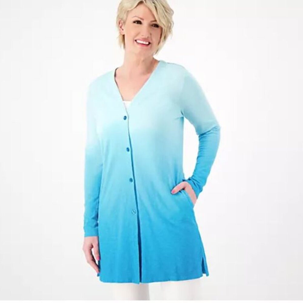 Denim & Co. By the Beach Dip Dye Knit Cardigan - Light Aqua (Sz S)